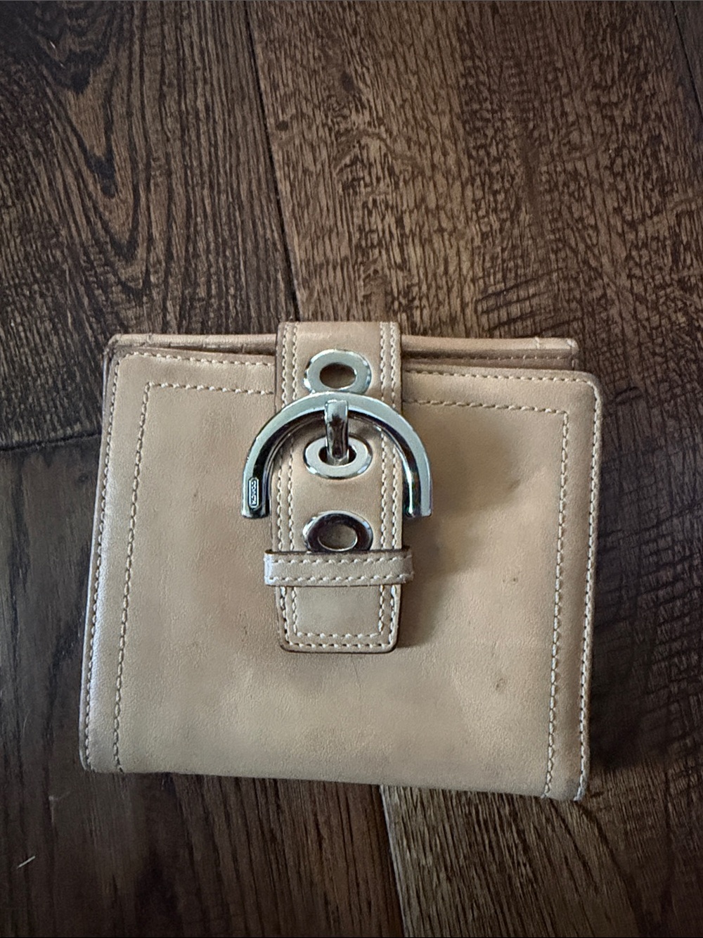 COACH Leather Wallet with Silver Buckle - Beige